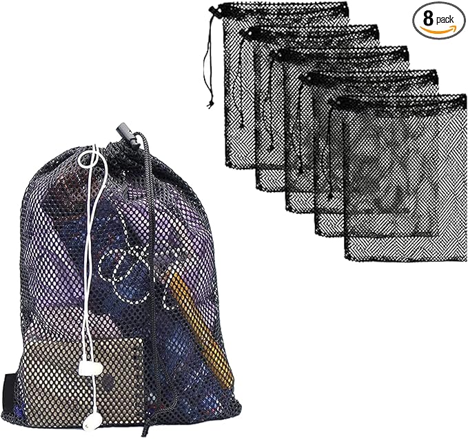 8PCS Mesh Bags Drawstring Bag Set - Nylon Mesh Drawstring Bags with Cord Lock Closure - Delicates Laundry Bag For Washing Machine - Small Gym Bag for Basketball, Volleyball, Football, Golf Stuff Balls