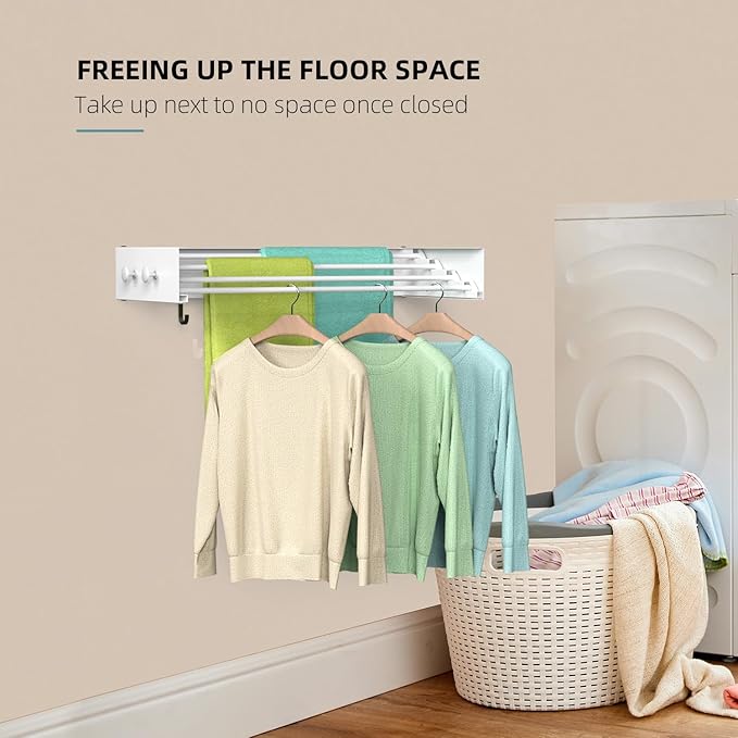 Drying Rack Clothing,Clothes Drying Rack Wall Mounted,Laundry Drying Rack Wall Mount,Foldable,Collapsible,60 lb Capacity 5 Aluminium Poles with 12 Hooks (White, 23.6'')