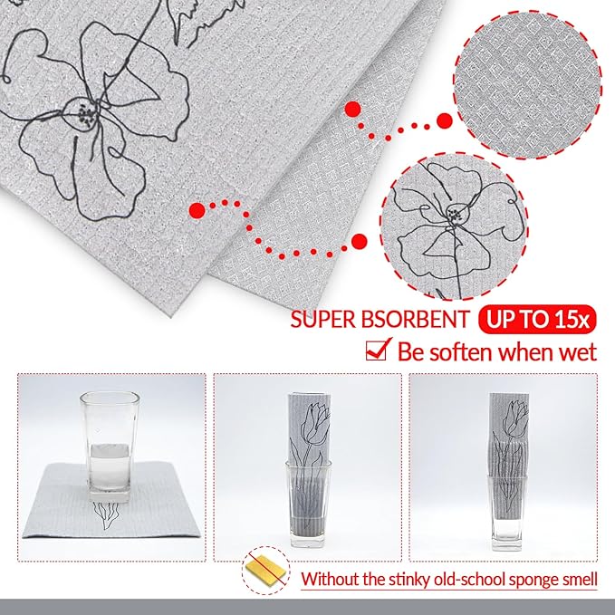 6 - Pack Swedish Kitchen Dish Cloths - Reusable Paper Towels for Counters & Dishes - Eco Friendly Cellulose Sponge Cloth - Assorted (Grey Flower)