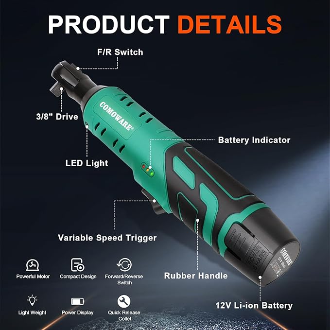 COMOWARE 3/8 Cordless Electric Ratchet Wrench Kit, 40ft-lbs Torque, 12V Power, 8 Sockets, LED Light, Fast Charger, Ergonomic Design