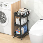 JIUYOTREE 3-Tier Plastic Rolling Storage Cart Utility Cart with Extra Hanging Cups Handles Lockable Wheels for Living Room Bathroom Kitchen Office Black