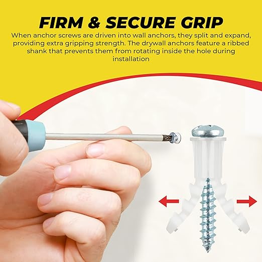 Qualihome Ribbed Plastic Drywall Anchor Kit - Wall Anchors and Screws for Drywall Includes Anchors, & Screws, 1 Masonry Drill Bit - Mounting Tolls for Decor, Furniture, Shelving (14-16 x 1-1/4")