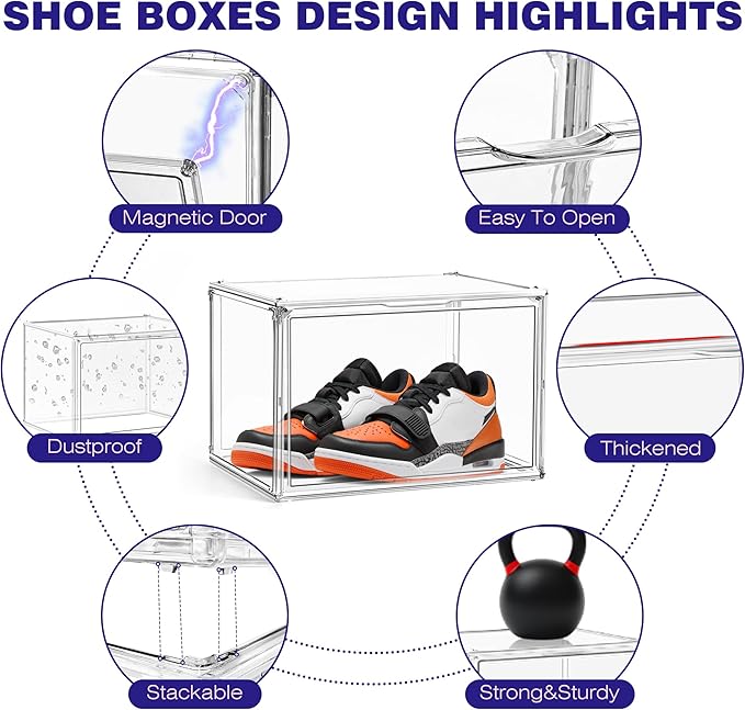 6 Pack Acrylic Clear Shoe Storage Box Stackable Large Sneakers Display Case with Magnetic Door Hat Boxes Shoe Organizer for Closet, Fit up to US Size 13