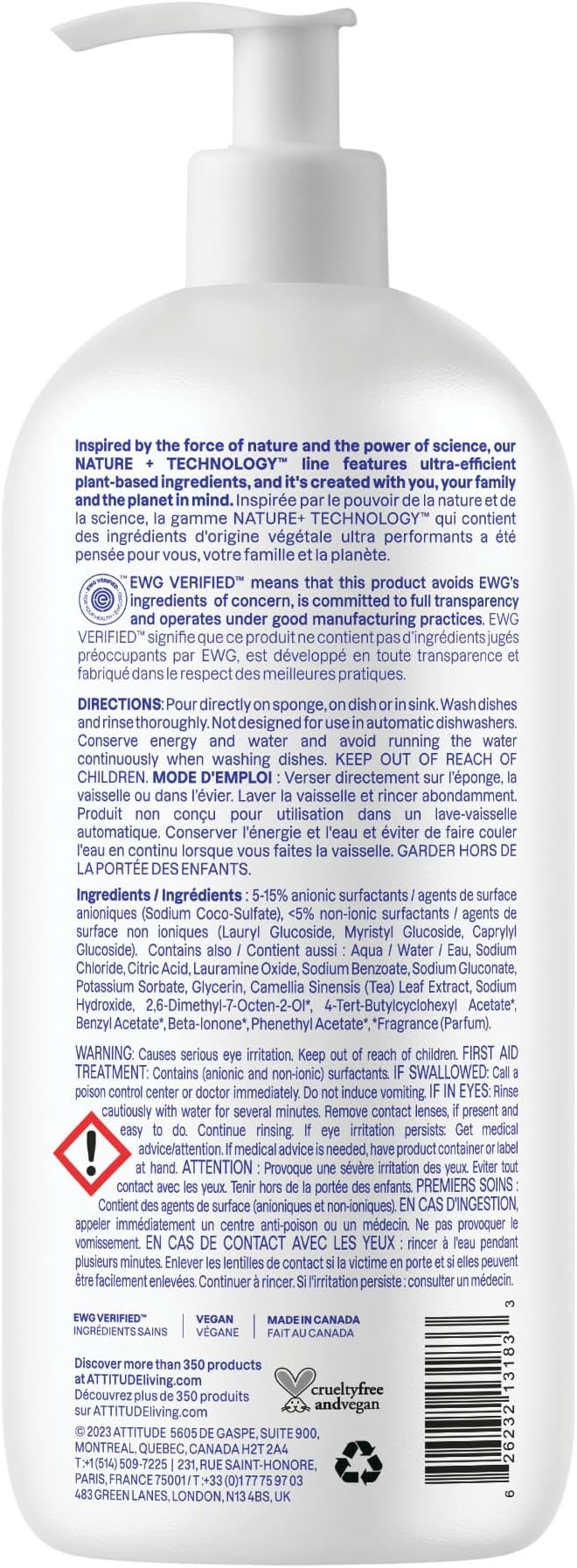 ATTITUDE Dish Soap, EWG Verified, Plant-Based & Vegan Dishwashing Liquid, Naturally Derived, Wildflowers Scent, 33.8 Fl Oz