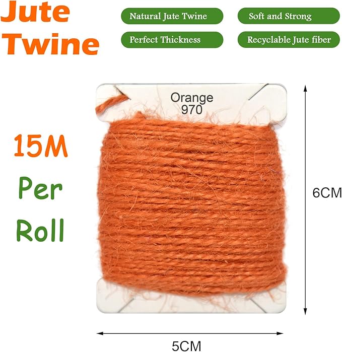 Jute Twine 15m Long Twine String for Crafts Gift Wrapping Packing Gardening Crochet Knitting Macrame Decor (Orange)