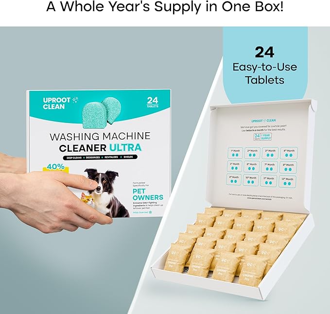 Uproot Clean Washing Machine Cleaner Tablets Ultra - 40% Stronger Formula: Designed for Pet Owners, Remove Residue, Grime & Odors, Compatible with HE, Top & Front Load, 24 Pack - 12 Month Supply