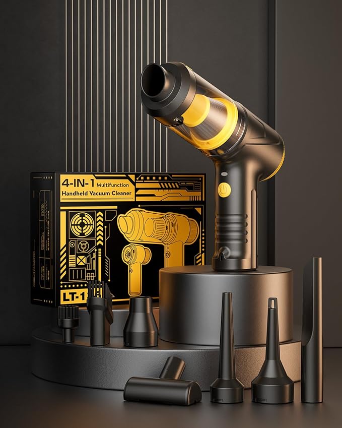 Handheld Vacuum Cleaner 21000Pa Suction with Brushless Motor, 4-in-1 Portable Mini Car Vacuum with 2 Suction Modes, Cordless Vacuum with LED Light, Type-C Charge for Car, Office Desk, Keyboards