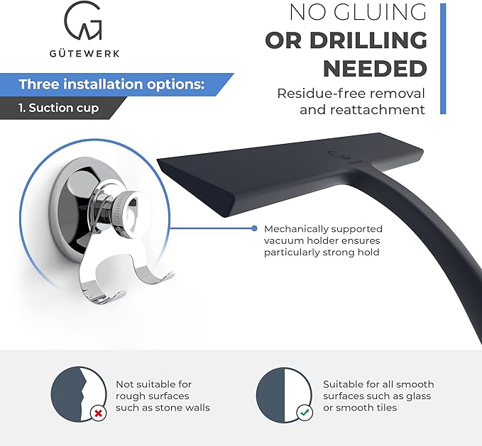 GÜTEWERK Shower Squeegee for Glass Doors, Silicone Window Squeegee, Bathroom and Glass Cleaning - Black - 9 Inch