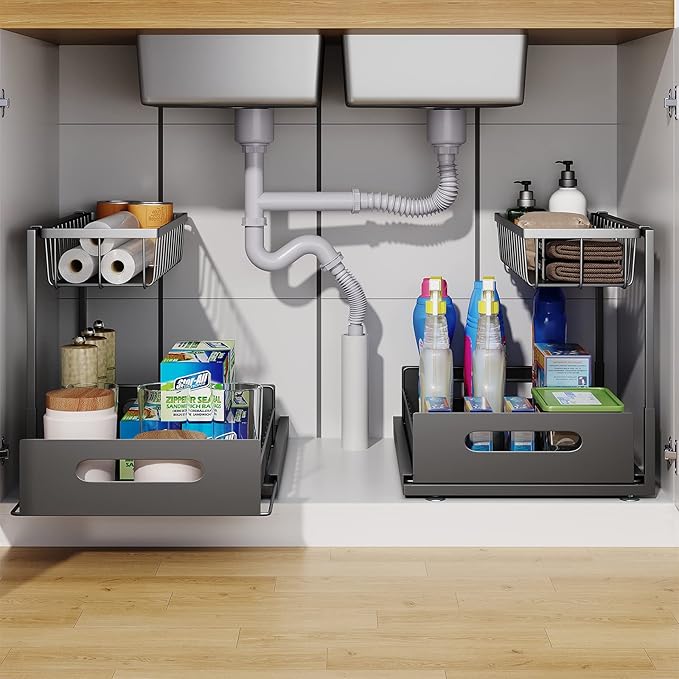 2 Pack Under Sink Organizer, 2 Tier Under Sink Organizers and Storage Multi-Purpose Under Sink Storage for Bathroom Kitchen (Black)