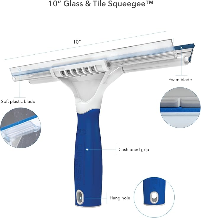 Unger Professional Connect and Clean 10” Glass and Tile Shower Squeegee, Compatible with Standard Threaded Pole, 2-in-1 Bathroom Cleaning Supplies, Cleaner for Showers and Mirrors, Streak-Free Results