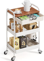 TOOLF 3-Tier Metal Utility Rolling Cart with Drawer & Wooden Table Top, Storage Cart White Trolley Kitchen Organizer Rolling Desk with Locking Wheels for Office, Classroom, Dorm, Bedroom