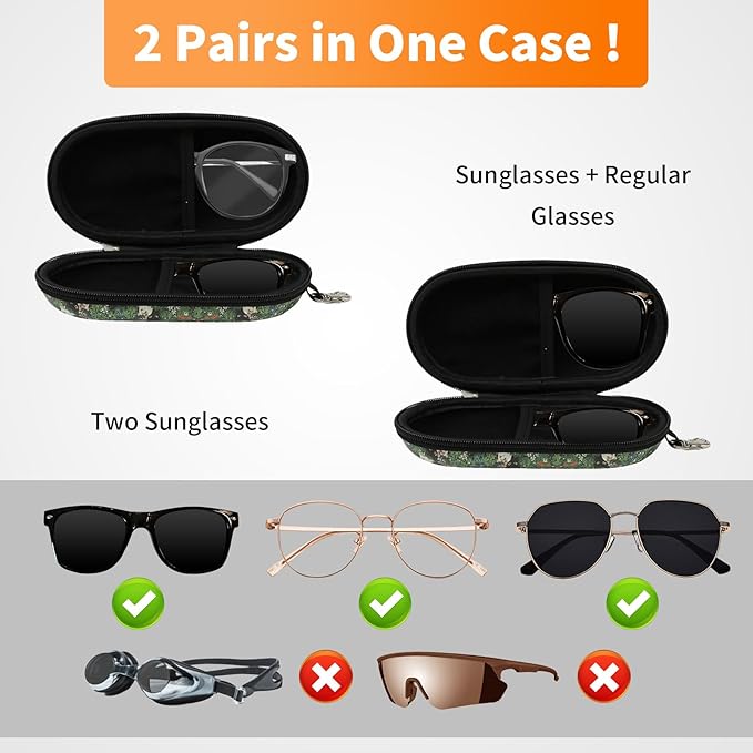 Double Eyeglasses Case, Hard Shell Dual Sunglasses Organizer with Zipper Clip Travel Glasses Storage for Women Men