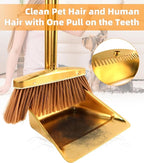 Gold Stainless Steel Broom and Dustpan Set, 2-Piece Long Handle Standing Pan with Comb Teeth, Heavy Duty Windproof Upright Design for Home, Kitchen, Indoor Outdoor Use