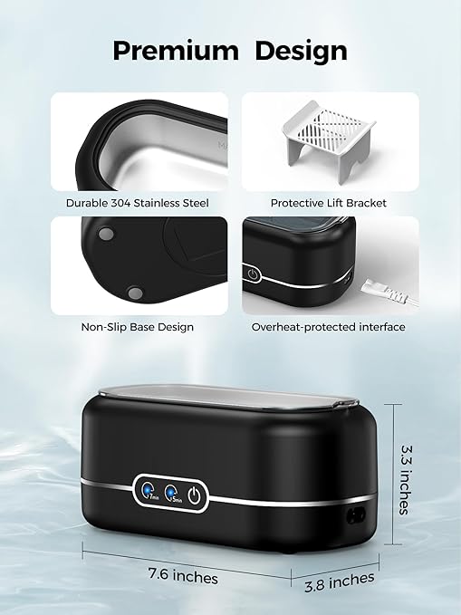 Ultrasonic Jewelry Cleaner, 48KHz Ultrasonic Cleaner Machine for Jewelry, Glasses, Rings, Retainers, Watch Strap, Dentures, 304 Stainless Steel 12oz Cleaning Pod - Black