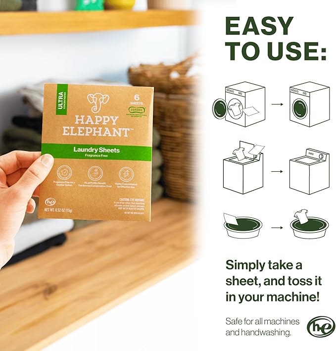 Laundry Detergent Sheets, Fragrance Free, Natural Biodegradable Laundry Sheets, Plant Based, Tough on Stains, Gentle on Skin, Compatible with HE & Any Washing Machine, 6 Sheet, 3 Pack