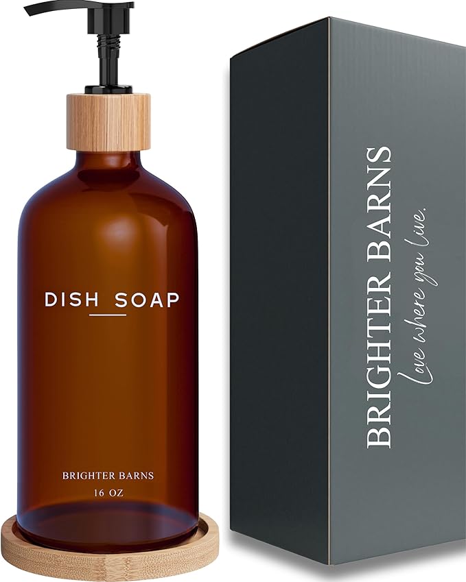 Amber Glass Dish Soap Dispenser for Kitchen Sink by Brighter Barns - Kitchen Soap Dispenser Set with Tray - Glass Bottle with Pump for Liquid - Boho Home Decor and Accessories for Restaurant (Amber)