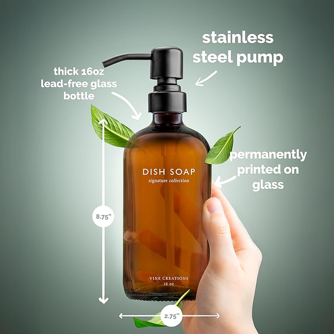 Vine Creations Amber Glass Soap Dispenser Set, Dish Soap and Hand Soap Dispenser Set with Stainless Steel Pump, 16 oz Glass Dispensers for Kitchen or Bathroom Decor (Amber Bottle/Matte Black Pump)