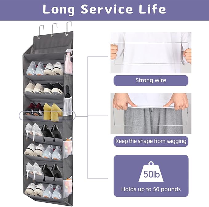 Over the Door Shoe Organizer Hanging with 8 Mesh Pockets 8 Wire Large Deep Pockets, 50lbs Weight Capacity Fits 16 Pairs Shoes Door Shoe Rack Store for Closet and Narrow Door 1 Pack