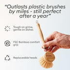 Vove Bamboo Dish Brush, FSC-Certified - Includes 3 Replacement Heads - Natural Fiber Bristles - Non-Toxic, Plastic-Free - Scrub Brush for Pots, Pans & Dishes
