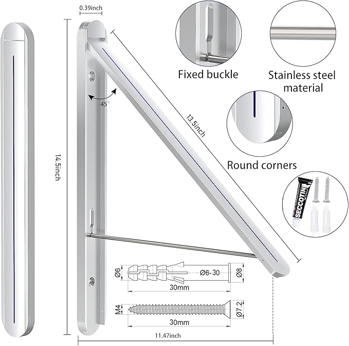 Wall Mounted Clothes Drying Rack - Foldable Indoor Laundry Rack,Space Saving Collapsible Clothes for Bathroom, Dorm, Apartment, RV, Laundry Room Organization.(Silver-Aluminum)