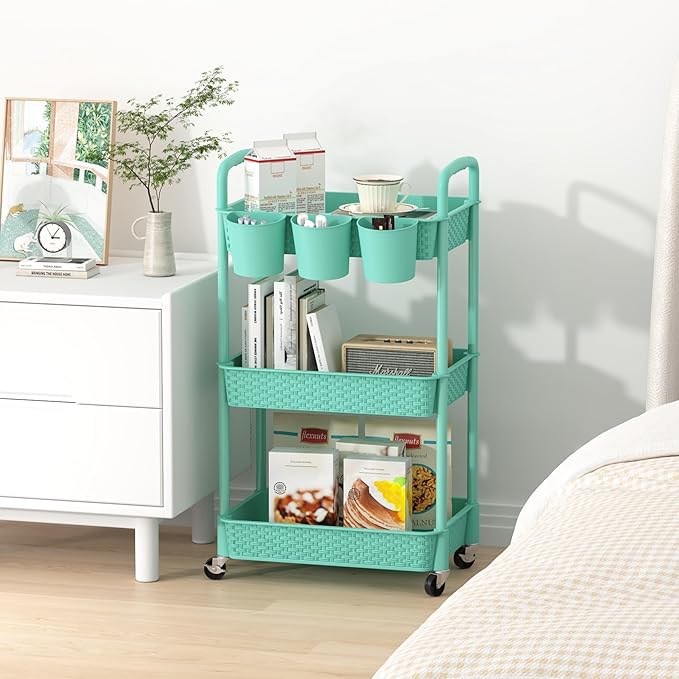 MOYIPIN 3-Tier Plastic Rolling Utility Cart with Handle,Utility Storage Cart for Office, Living Room, Kitchen,Movable Storage Organizer Shelves,Turquoise with 3 Hanging Cups