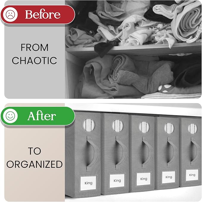 8 Pack Bed Sheet Organizer and Storage, Foldable Storage Bed Sheet Organizer for Linen Closet with Viewing Window & Label for Bedding Sheets & Blankets (Queen & King Size) Gray