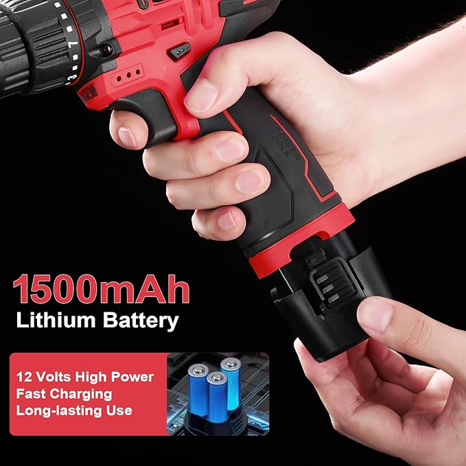 Cordless Drill Tool Set: 12V Power Drill Tool Kit with Laser Level, Battery & Charger, 142Pcs Home Hand Repair Tools Box, Portable Household Basic Drills Case for Men & Women, Red