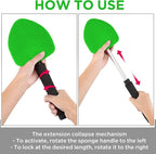 TAKAVU Car Window Cleaning Tool, Windshield Wiper Cleaner with Extendable Long-Reach Handle, 3 Washable Reusable Microfiber Bonnets, Car & Home Inside Interior Exterior Use - Lint Free (Green)
