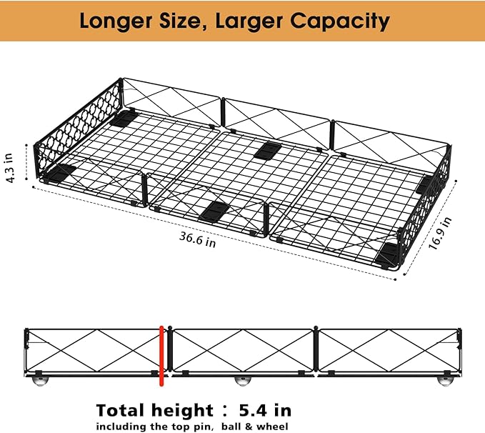 NADAMOO Large Under Bed Storage with Wheels, Low Profile Rolling Under Bed Storage Containers，Foldable Metal Under the Bed Organizer Bins for Bedroom，1 Pack