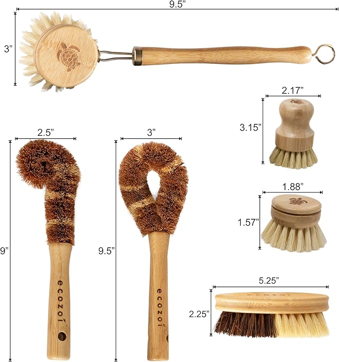 Bamboo Dish Brush Set, 6 Piece for Vegetable, and Kitchen Dish Cleaning, Sisal & Coconut Fibers with Bamboo Handles, Kitchen Brushes for Dishes, Pots, Pans