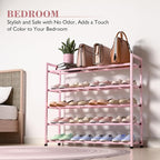 Bumusty 5-Tier Expandable Shoe Rack for Closet, 18“-33” Adjustable Shoe Rack for Small Space, Small Shoe Organizer for Front Door, Sturdy Metal (Pink)