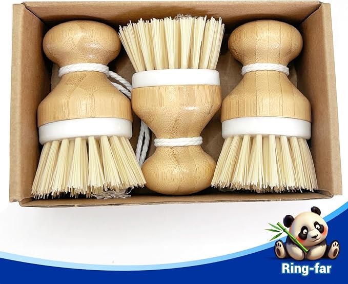 Bamboo Dish Brush,Bamboo Scrub Brush for Bishes Pots Pans Kitchen Sink Cleaning,3 Packs