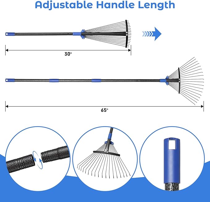 Adjustable Garden Rake for Leaves-Heavy Duty Metal Rake with 8-17" Expandable Head,Long Handle Lawn & Yard for Grass, Shrubs,Flower Beds,Camping,Outdoor Cleaning, Women & Kids