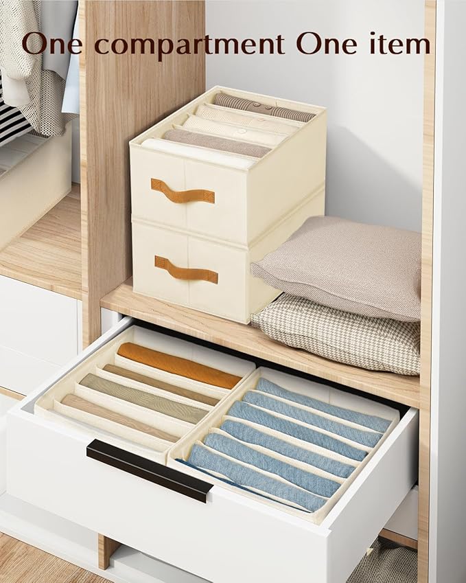 Clothes Organizers and Storage - 4/5/7 Grids Fabric Jeans Organizer with Handles, Foldable Closet Organizers Dividers, Wardrobe organizer for Pant, Sweater, T-shirt, Scarf, 6 Pack, Beige