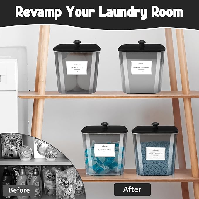 4 Pack Laundry Pods Container & Powder Detergent Jars Set, Laundry Room Organization and Storage, Black Plastic Laundry pod holder with Lids, Scoops & Labels for scent booster, Dryer Balls, Beads
