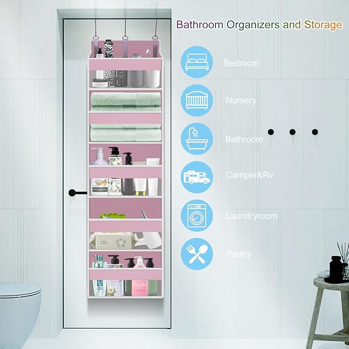 Over the Door Organizer Closet,5 Bins 10 Side Pockets,Hanging Door Organizer,Anti Tilt 44 lbs Load Organizers and Storage with Clear Window for Bedroom,Nursery,Rv,Bathroom,Camper(Pink)
