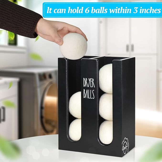 Magnetic Dryer Ball Holder for Laundry Room Organization, Wood Dryer Ball Container Wall Mount, Dryer Balls Organizer for Laundry Room Storage, Laundry Wool Dryer Ball Dispenser Basket (Black)