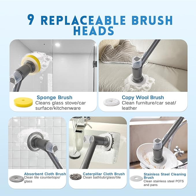 Electric Spin Scrubber,Spray with Foam Cordless Cleaning Brush, 2-Speed Shower Scrubber, Shower Cleaning Brush with 9 Replaceable Brush Heads, Adjustable Removable Handle for Bathroom（Dark Grey）