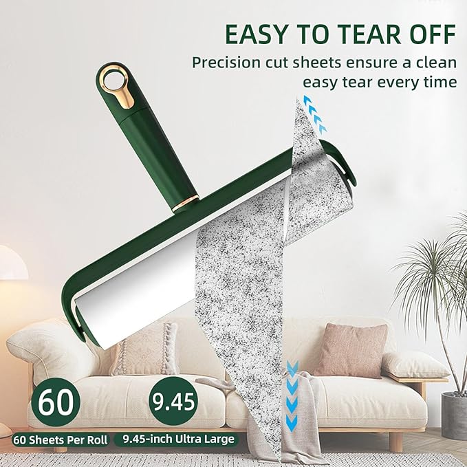 Large Lint Rollers for Pet Hair, Floor Lint Roller with 9.45 in Giant Lint Roller Refill 360 Sheets Total, Extendable Handle Sticky Rollers for Floor, Carpet, Furniture, Clothing & Couch (Green)