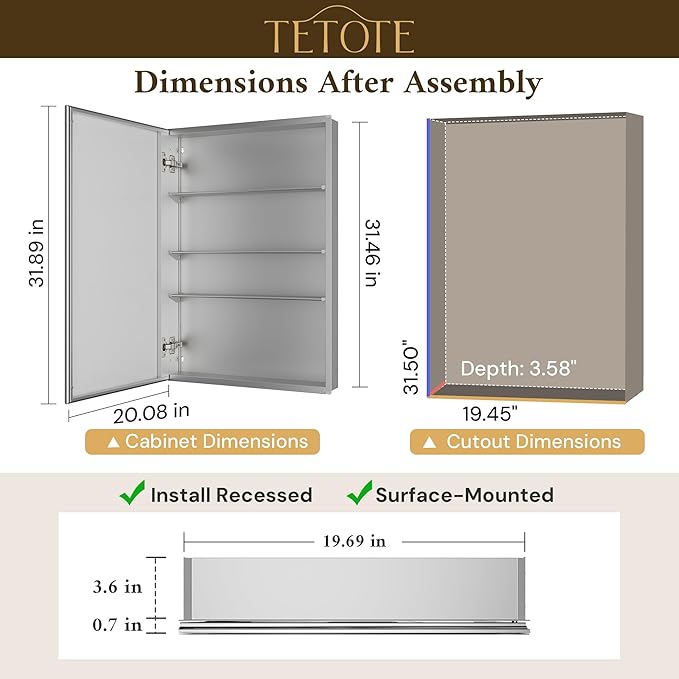 TETOTE 20 x 32 Medicine Cabinet Mirror with Tempered Beveled Mirror Silver Medicine Cabinet Aluminum Cabinet DTC Hinges, Stepless Adjustable Shelves, Recessed/Surface-Mounted