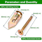 100Pcs Self-Drilling Drywall Anchors, 50Pcs Wall Anchors and 50 Pcs Screws, Drywall Anchors and Screw kit, Heavy-Duty Metal Wall Anchors, No Drilling Required, Easy to Use (100Pcs)