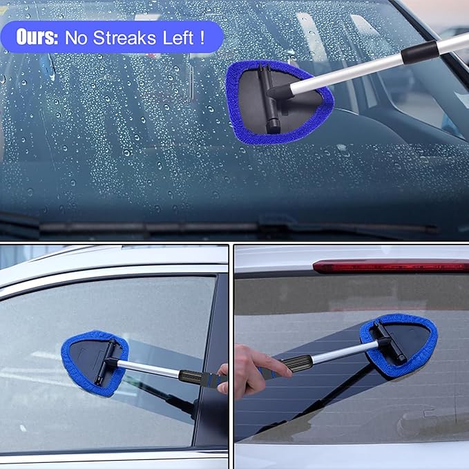 desin Windshield Cleaning Tool, Car Window Cleaner Windshield Cleaner with 4 Reusable and Washable Microfiber Pads and Extendable Handle Auto Inside Glass Wiper Kit (Dark Blue)