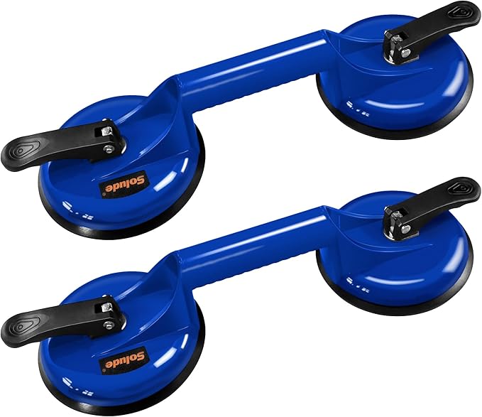 SOLUDE 2 Pack Glass Suction Cups,Aluminium Heavy Duty Vacuum Handle Glass Holder for Lifting Large Glass/Window/Tiles/Mirror/Granite/Floor Gap Fixer/Windshield Removal & Install Tool,Blue