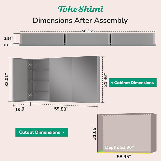 TokeShimi 60 x 32 Farmhouse Medicine Cabinet Recessed or Surface Mount Aluminum, Mirror with Stepless Adjustable Storage, Silver Bathroom Mirror Medicine Cabinet Frameless Metal Modern