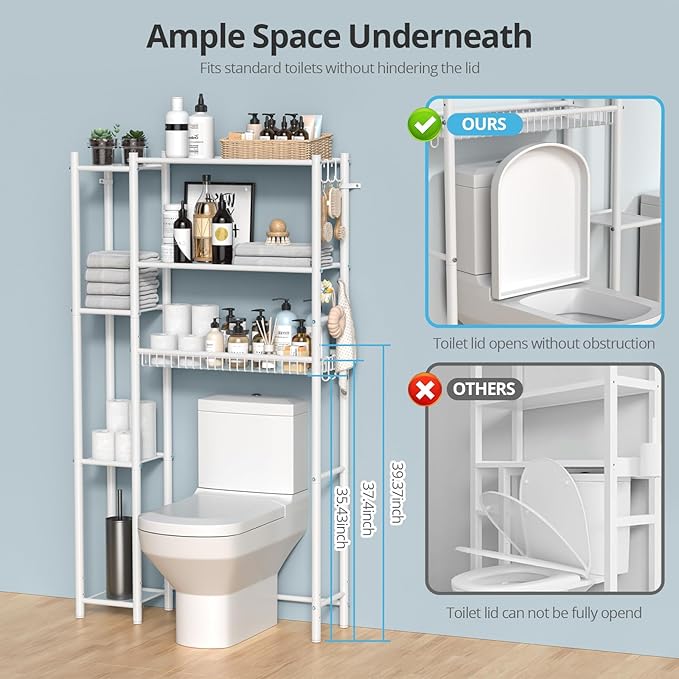 Over The Toilet Storage Organizer - 7 Tiers Space Saving Bathroom Shelves, Adjustable Above Toilet Shelf Rack, Metal Organizer Shelf Over Toilet for Bathroom Storage and Organization, White