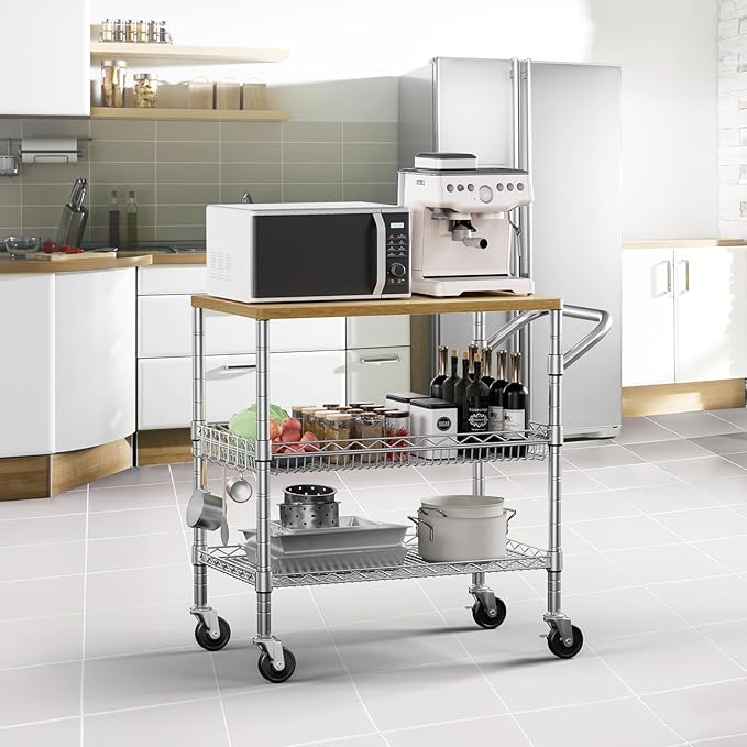 3 Tier Rolling Kitchen Carts on Wheels with Storage,650Lbs Heavy Duty Utility Carts with Wheels,Kitchen Island with Wood Tabletop,Metal Serving Rolling Cart for Small Appliance Food Cart,Wood+Metal