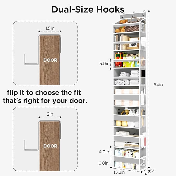 Over The Door Organizer, 8 Shelf Door Hanging Organizers with 8 Large Capacity Pockets, Back of Door Organizer Storage Hanging Shelves for Closet Bathroom Bedroom Nursery
