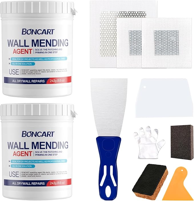 17.2oz Drywall Patch Repair Kit - Professional All-in-1 Tool Set (Scrapers/Sanding Sponge/Texture Sponge/Gloves/ Aluminum Patches/Putty Knife) for Fast Wall Hole Repair