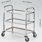 CURTA Stainless Steel Serving Trolley, 30" L x 16" W x 33" H 3 Tiered Shelf Kitchen Utility Cart, Rolling Casters Brake Wheel, Commercial Pro for Restaurant/Hotel/Lab/Clinic/Salon/Workshop
