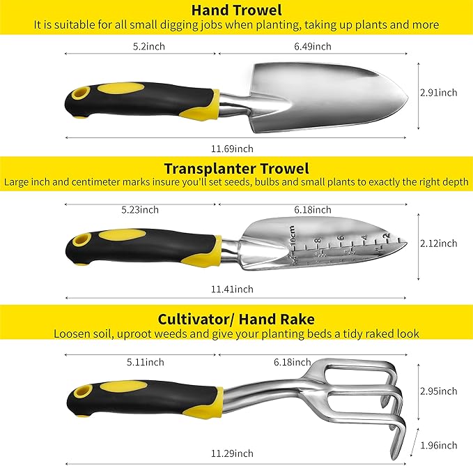 ⭐️ Gardenera 3PC Garden Tool Set with Soft Rubberized Non-Slip Handles - Hand Trowel, Transplant Trowel, Hand Rake in Polished Aluminum - Ideal for All Gardening Needs and The for Gardeners 🎁